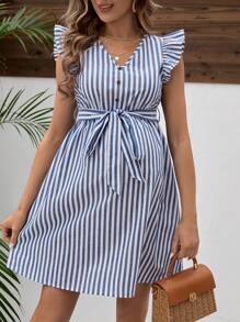 SHEIN 孕妇条纹盖袖连衣裙（带腰带） - 藍色 - 查看 4