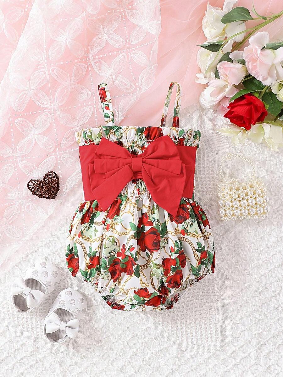 SHEIN Baby Girl Elegant And Romantic Rose Pattern Printed Bodysuit With