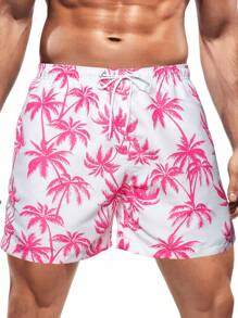 Surfspeed Men'S Coconut Tree Printed Drawstring Beach Shorts - Pink - View 1