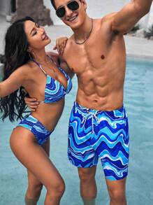 Manfinity VDAYZ 1pc Men's Wave Striped Beach Shorts Couples Matching Swimwear Vacation - Multicolor - View 1