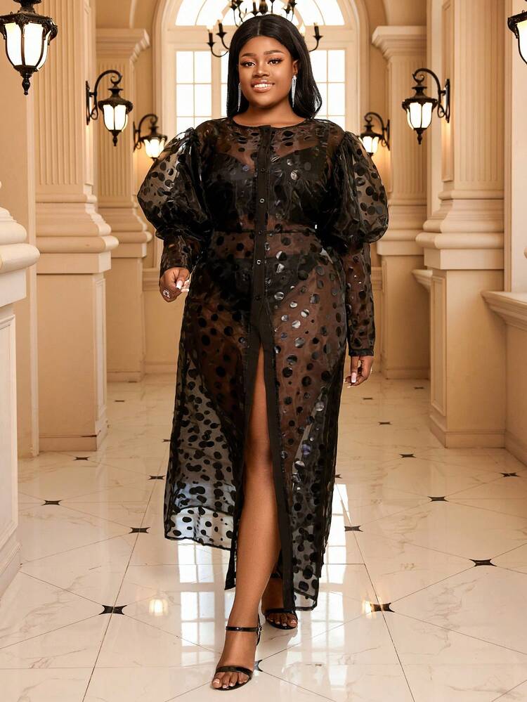 Damen-rundhals-mesh-kleid Mit Langen Ärmeln In Übergröße - Schwarz - Übersicht 6