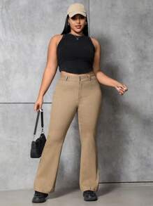 SHEIN EZwear 大尺碼女士喇叭牛仔褲 - 卡其色 - 查看 4