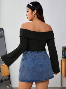 SHEIN EZwear Áo thun có đường viền bất đối xứng dài tay hở vai cỡ lớn - màu đen - Xem 2