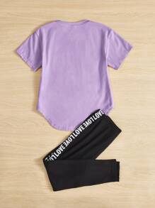 SHEIN Ensemble T-shirt Et Pantalon Coupe Ample Et Décontracté Pour Petites Filles, Col Rond, Épaules Tombantes