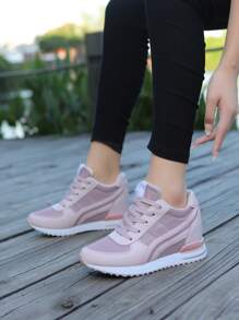Fall/Winter Women's Solid Color Mesh Sneakers, Lace Up Patent Leather Decor Heightening Sporty Trainers, Versatile Breathable Comfy Shoes - Pink - View 5