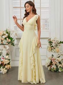 SHEIN Belle Thanh lịch lãng mạn màu vàng nhạt không tay Váy xòe cạp cao Sứa cạnh chắp vá Cổ chữ V Phục sinh lãng mạn có viền xếp nếp và thiết kế hở lưngVáy phù dâu - Màu vàng - Xem 5