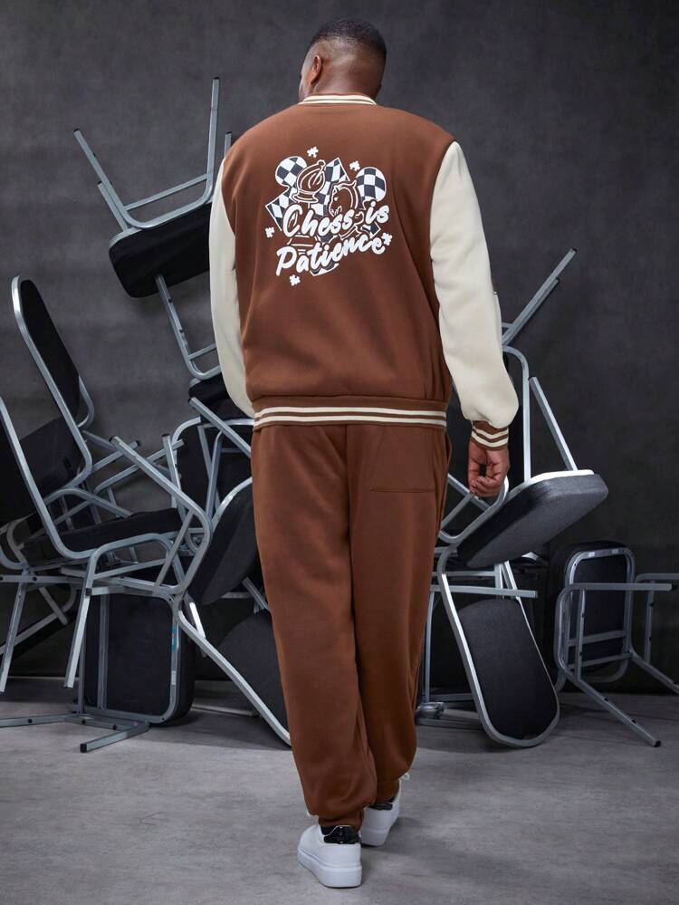 Men's Plus Size Color Block Letter Patterned Striped Trim Jacket And Jogger Pants Two Pieces Set