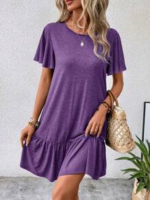 SHEIN LUNE Women's Casual Ruffle Hem Dress,Lavender Dress