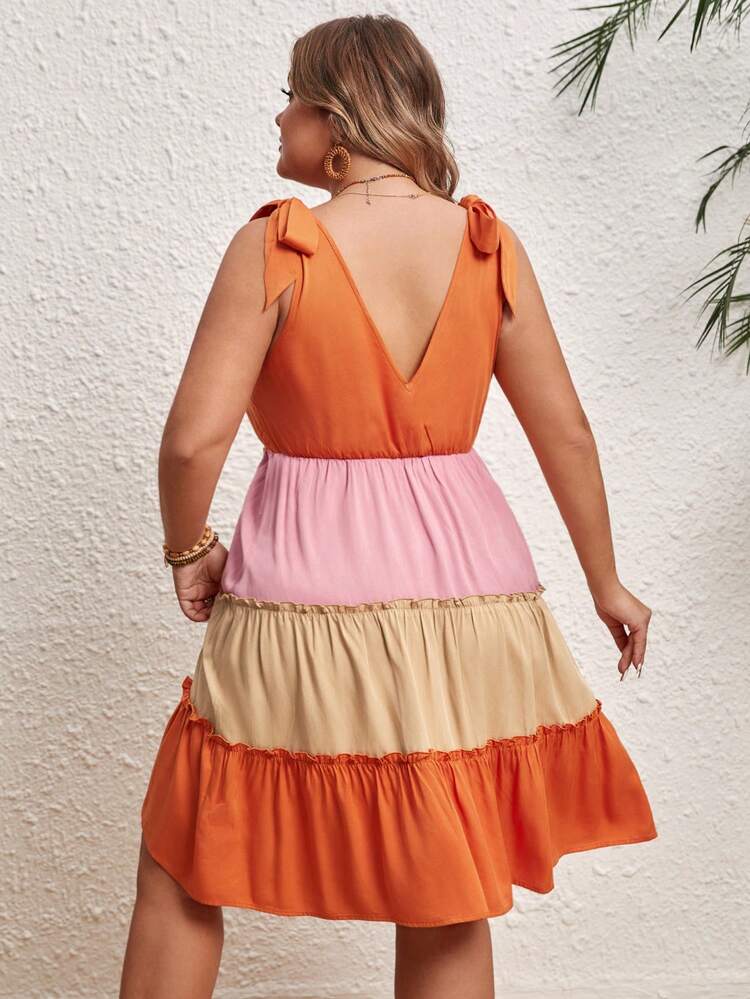 Plus-Size Color-Block Tie-Up Dress