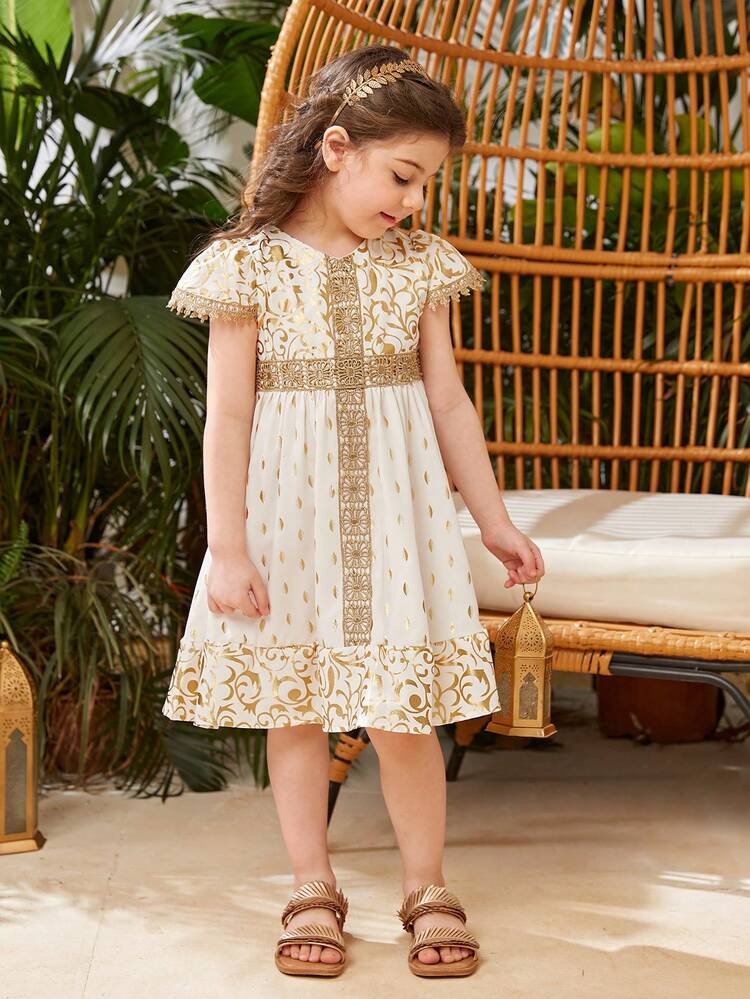Young Girls' Embroidered Applique Puff Short Sleeve Dress