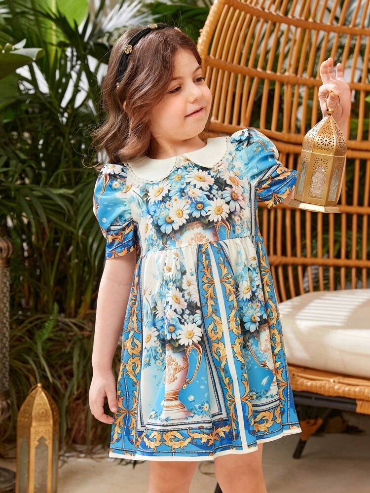 Little Girls' Baroque Printed Puff Sleeve Dress