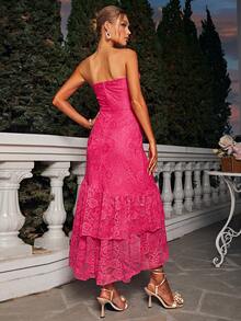 Glamaker 女士露肩蕾絲荷葉邊連衣裙 - 玫紅色 - 查看 2