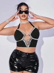 SHEIN ICON 大尺碼女式亮片拼布鏤空掛脖黑色緊身胸衣背心 - 黑色 - 查看 4