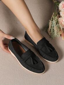Giày lười đế bằng thiết kế mũi thấp cho nữ mùa xuân/hè 2024, giày lười đế mềm phong cách Anh thường ngày để đi làm và mặc hàng ngày, cỡ 41-43 - màu đen - Xem 1