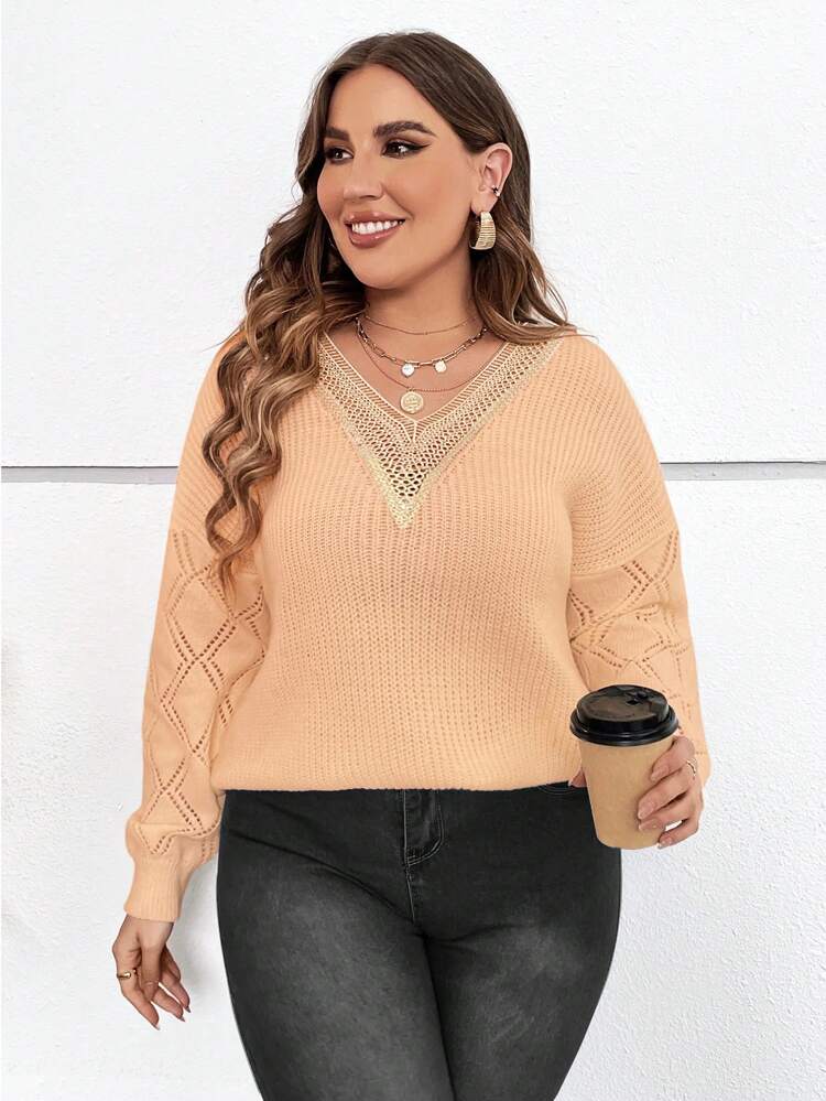 Plus Size Women's Contrast Lace Drop Shoulder Pullover Sweater Knit Pullover Fall Winter