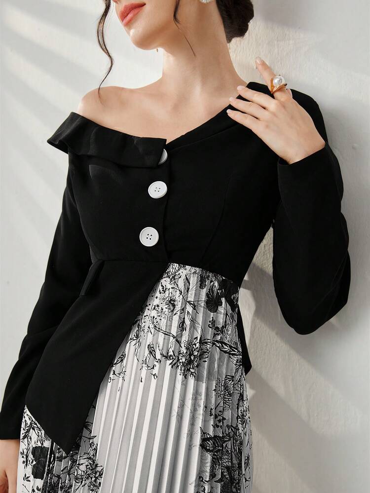 Women'S Plant Printed Pleated Dress Long Evening Dresses Fall Cloth For Women