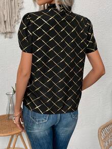 SHEIN Frenchy Của phụ nữ Cà vạt Lá sen tỉa Vàng Kẻ sọc Áo sơ mi - màu đen - Xem 2