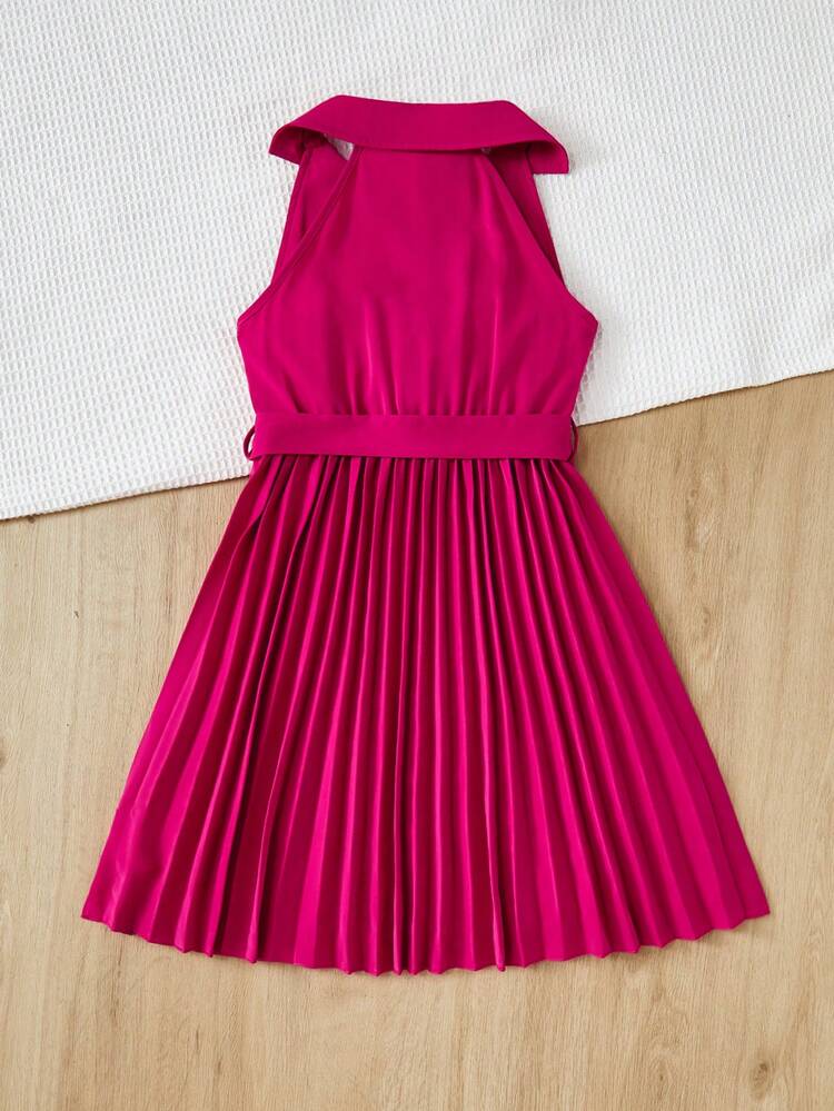 Tween Girls' Suit Collar Detachable Belt Pleated Dress Hem Dress