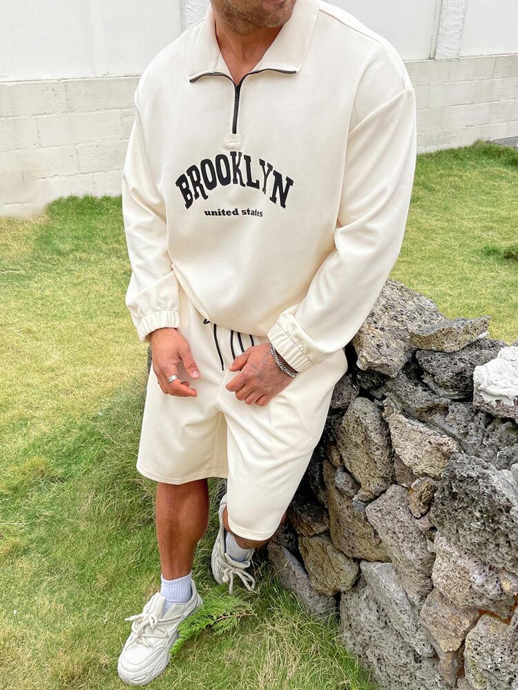 Men'S Plus Size Letter Printed Top And Solid Color Shorts Two-Piece Set