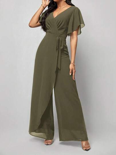 Amorya Women's Short Sleeve Wrap Front Jumpsuit With Flared Hem