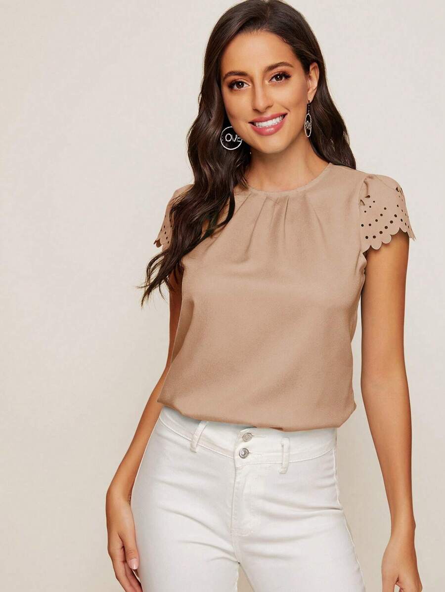 SHEIN Clasi Solid Color Pleated Hollow Out Patchwork Shirt