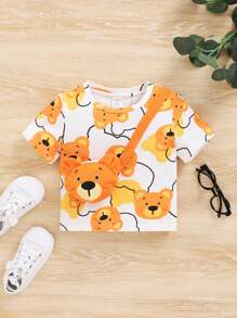 SHEIN Baby Boy'S Cute Bear Pattern Short Sleeve Top With Diagonal Shoulder Bag Set