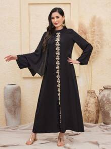 Al Najma Flower Embroidered Bell Sleeve Dress Kaftan Jalabiya Dress - Multicolor - View 5