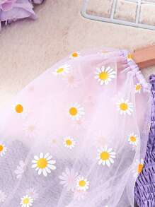 Tween Girl's Cute Daisy Sheer Lantern Long Sleeve Top With Ruffle Trim And Gathered Waist