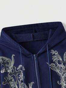 ROMWE Grunge Punk Cross Print Zipper Front Drawstring Hoodie, School - Navy Blue - View 2