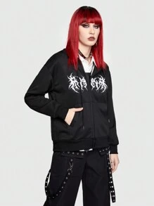 ROMWE Grunge Punk 女款開衫拉鍊連帽 - 黑色 - 查看 4