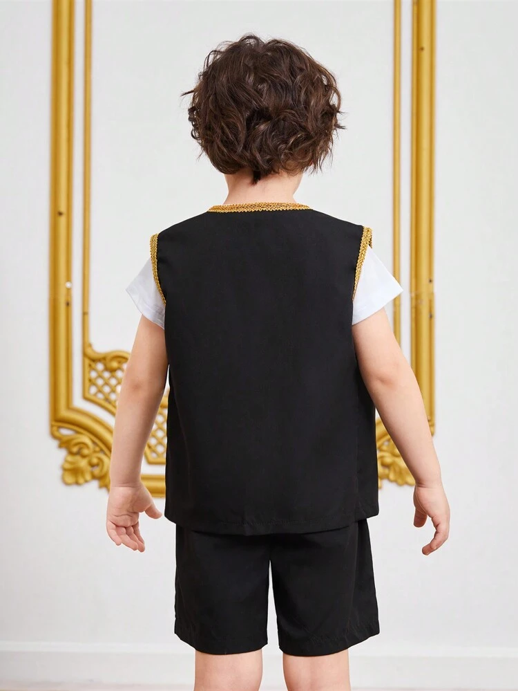 Young Boy Woven Fabric Patchwork Vest And Shorts Two Piece Suit