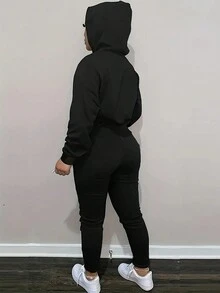 SHEIN EZwear 女裝字母印花連帽衫和運動長褲兩件套裝 - 黑色 - 查看 2