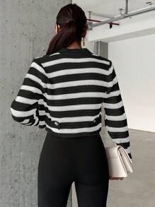 EURMUSE Women's Color-Block Striped Cropped Cardigan With Open Front - Black - View 2