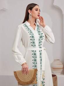 Al Najma Women'S Floral Printed Lantern Sleeve Single-Breasted Dress - White - View 6
