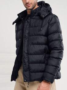 RueChic Men Zip Up Drawstring Hooded Puffer Coat - Black - View 1