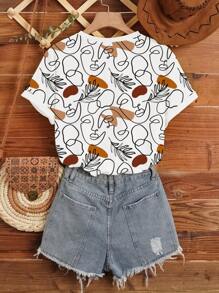 SHEIN LUNE Kích thước lớn Mặt In Ngắn tay Áo thun - trắng - Xem 2
