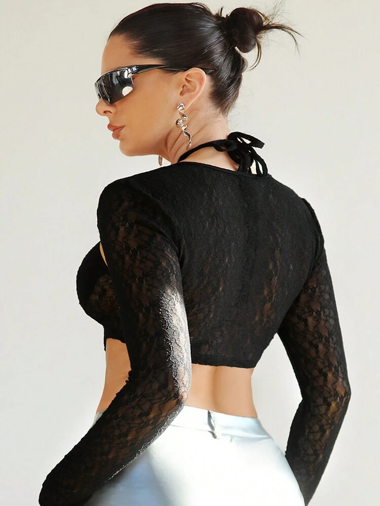 Long-Sleeved Cropped Halter Lace Top