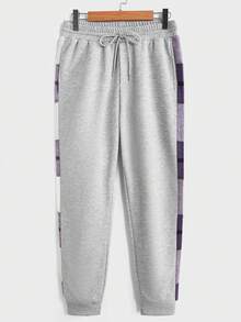 Manfinity RebelGame 男士格紋拼接帽裝襯衫配跑步褲,休閒兩件套裝 - 紫色 - 查看 4