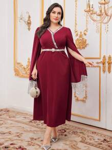 Modelyn Burgundy Red Plus Size Embroidered Woven & Cape Sleeve & Tassel Decorated Dress