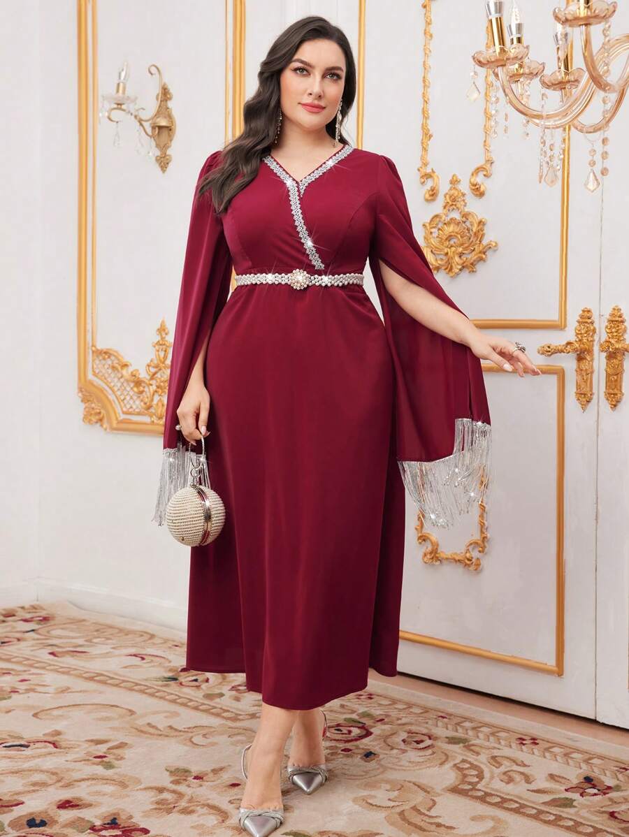 Modelyn Burgundy Red Plus Size Embroidered Woven & Cape Sleeve & Tassel Decorated Dress