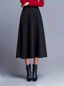 Falda midi elegante y lisa para uso diario para mujeres - Negro - Ver 2