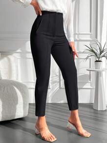 SHEIN Cottnline Solid Color Tapered Nine-Point Cropped Pants - Black - View 5