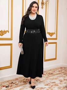 Modelyn Plus Size Women'S Sequin Long Sleeve Arabic Clothing With Waist Patchwork Long Evening Dresses - Black - View 5