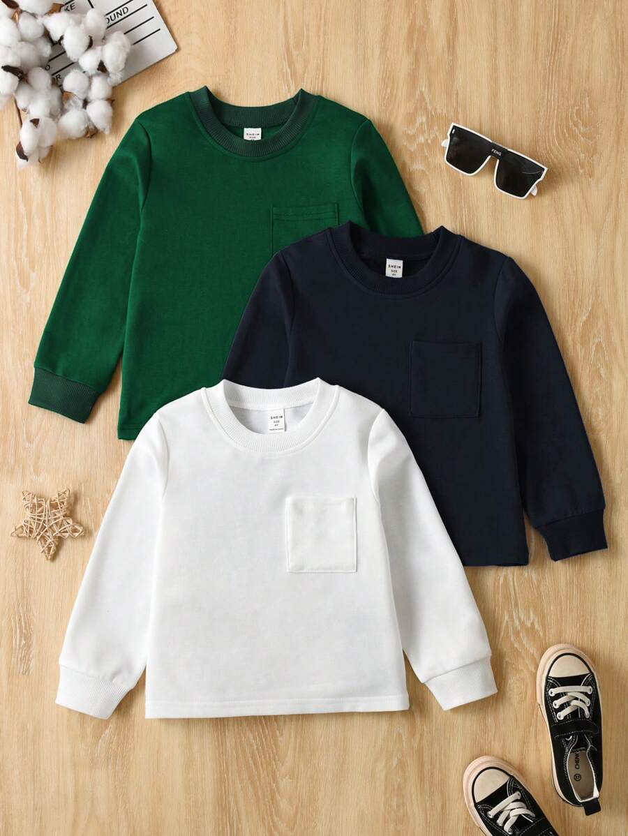 SHEIN 男童 3 件套秋季男童简约休闲轻便圆领长袖运动衫 - 彩色 - 查看 1