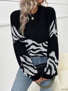 SHEIN LUNE 休閒長袖斑馬紋毛衣 - 黑色 - 查看 6