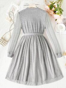Teen Girls' Knitted Jacquard Polka Dot Tulle Mesh Dress - Grey - View 2