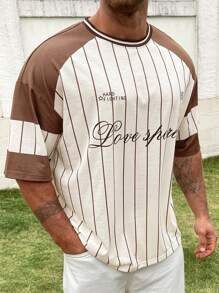 Manfinity Homme Men's Plus Size Letter & Stripe Pattern Drop Shoulder T-Shirt - Multicolor - View 5