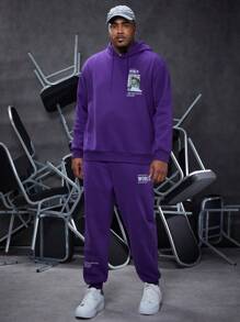 Manfinity Homme 男士大尺寸寬鬆連帽運動服套裝,印花口號運動衫和運動長褲 - 紫色 - 查看 4