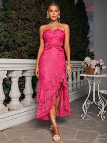 Glamaker 女士露肩蕾絲荷葉邊連衣裙 - 玫紅色 - 查看 3