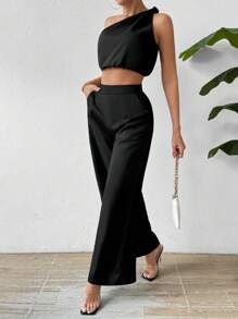 Chiquease Conjunto De Pantalón Y Top Sin Mangas Con Un Solo Hombro Para Mujer